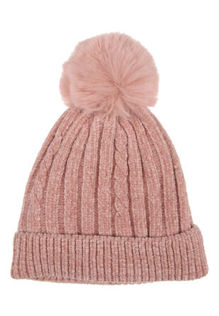 Younger Girls Pink Chenille Beanie Hat 