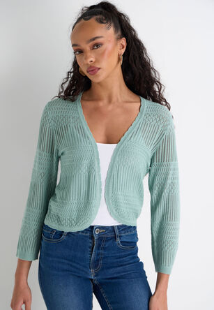 Womens Sage Pointelle Curve Hem Cardigan