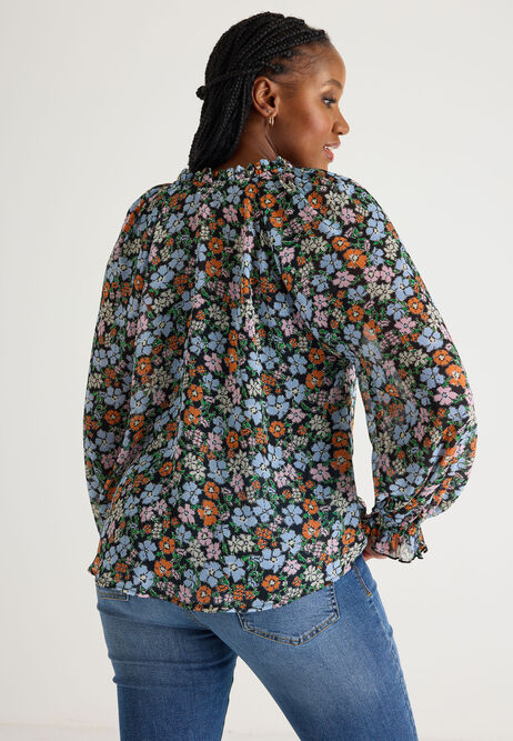 Womens Floral Ruffle Neck Blouse