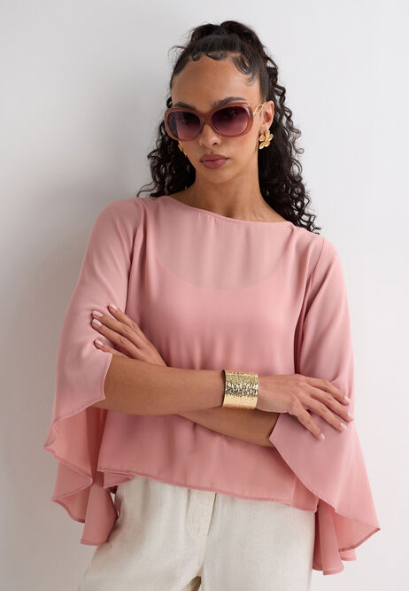 Womens Pink Plain Cape Sleeve Blouse