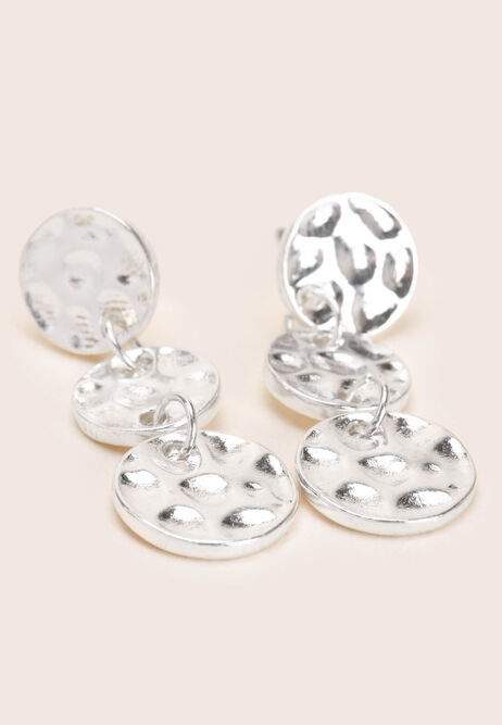 Womens Silver Textured Disc Drop Earrings