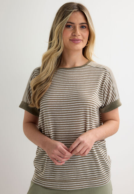 Womens Khaki Stripe Linen Roll Sleeve Top