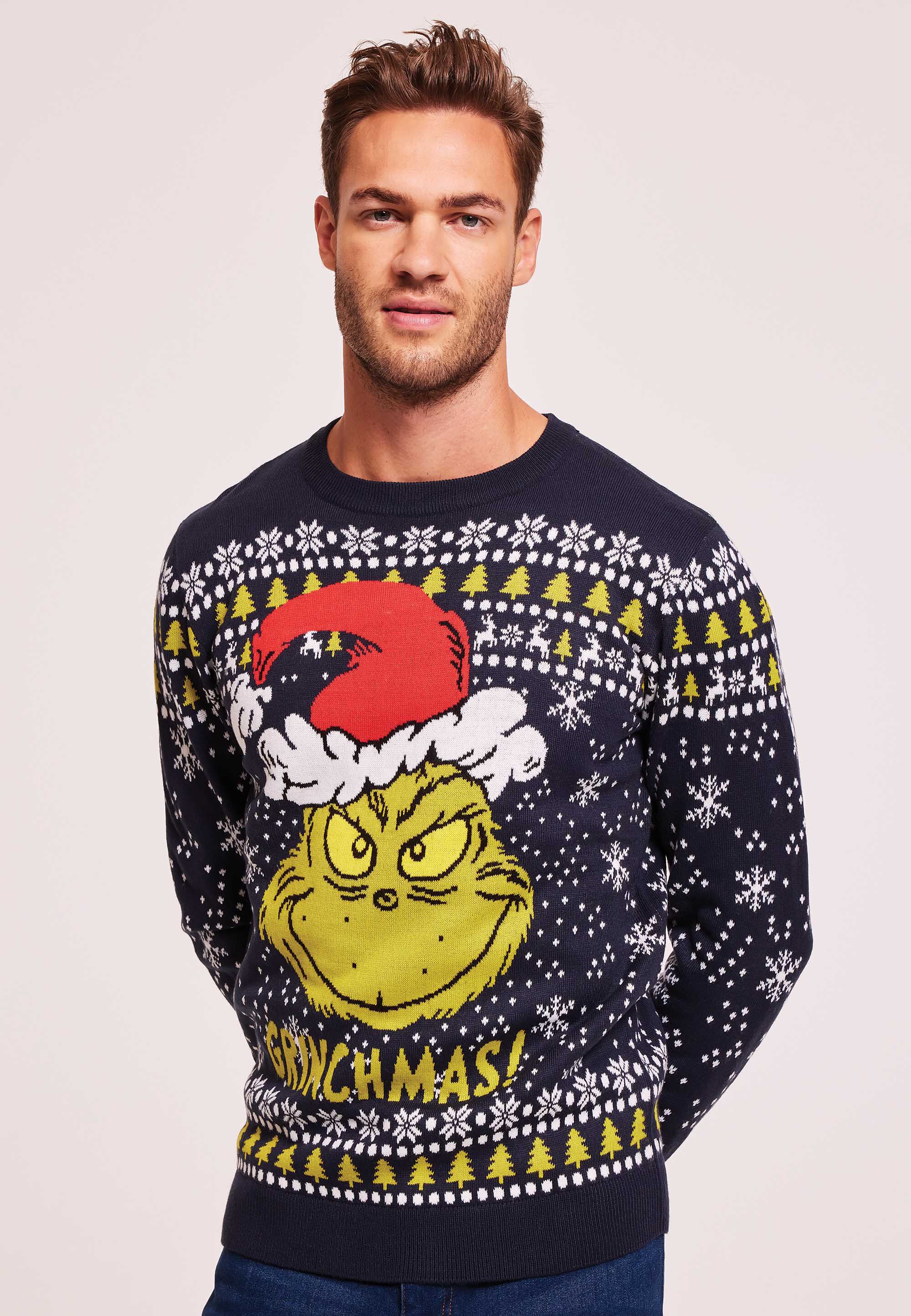 Mens Navy Grinch Fairisle Christmas Knitted Jumper Peacocks