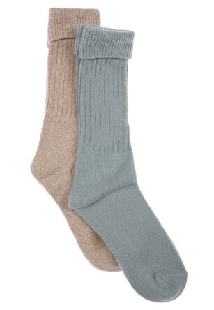 Womens 2pk Green & Beige Soft Cosy Socks
