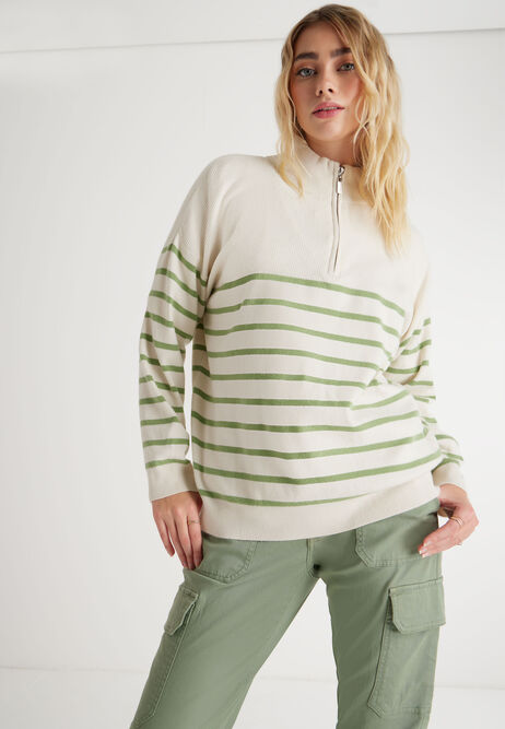 Womens Green Stripe Zip Jumper