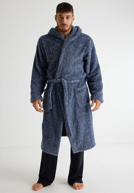 Mens Navy Sherpa Dressing Gown | Peacocks