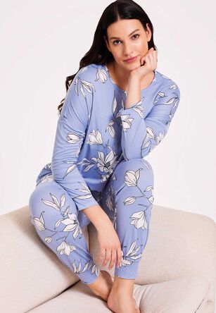 Womens Soft Touch Blue Floral Pyjama Top