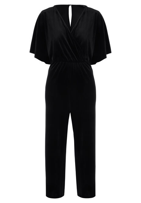 Womens Black Velvet Flutter Sleeve Jumpsuit