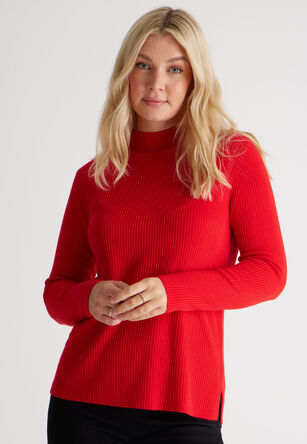 Womens Red Ribbed Turtle Neck Jumper