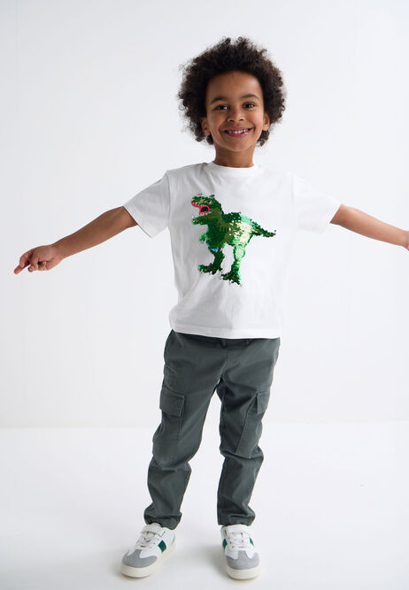 Younger Boys White & Green Reversible Sequin Dinosaur T-Shirt