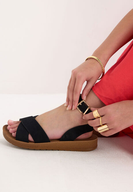 Womens Black Cross Strap Wedge Sandals