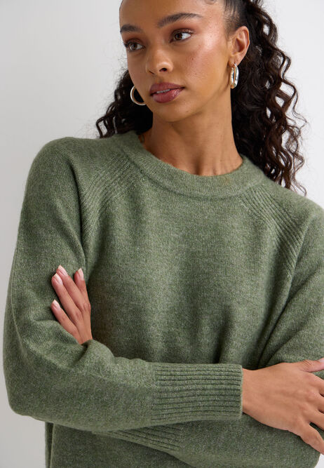 Womens Khaki Side Split Crew Neck Jumper