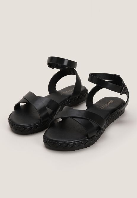 Womens Black Cross-Over Plaited Sandals