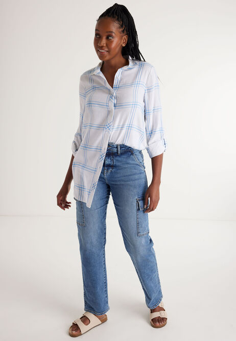 Womens Blue & White Check Longline Shirt