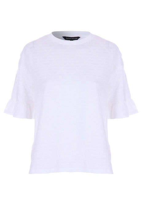 Womens White Broderie Frill Sleeve T-Shirt