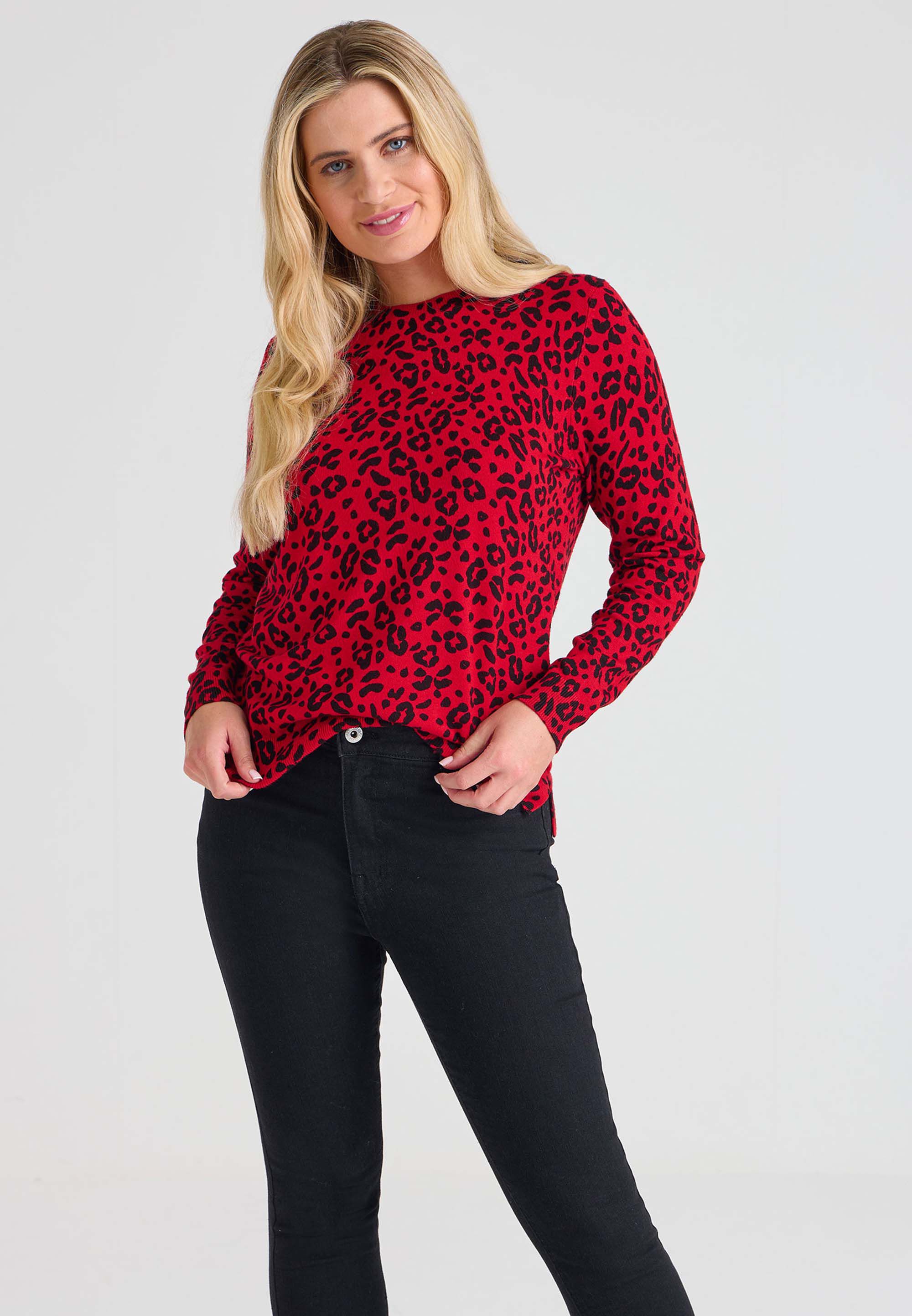 Womens Red Black Leopard Print Jumper Peacocks