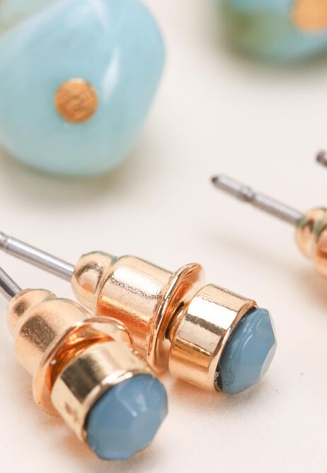 Womens 6pk Gold & Turquoise Stone Stud & Hoop Earrings