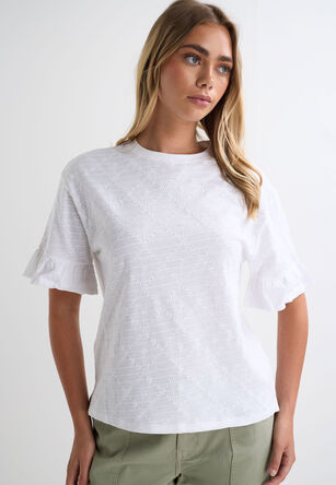 Womens White Broderie Frill Sleeve T-Shirt
