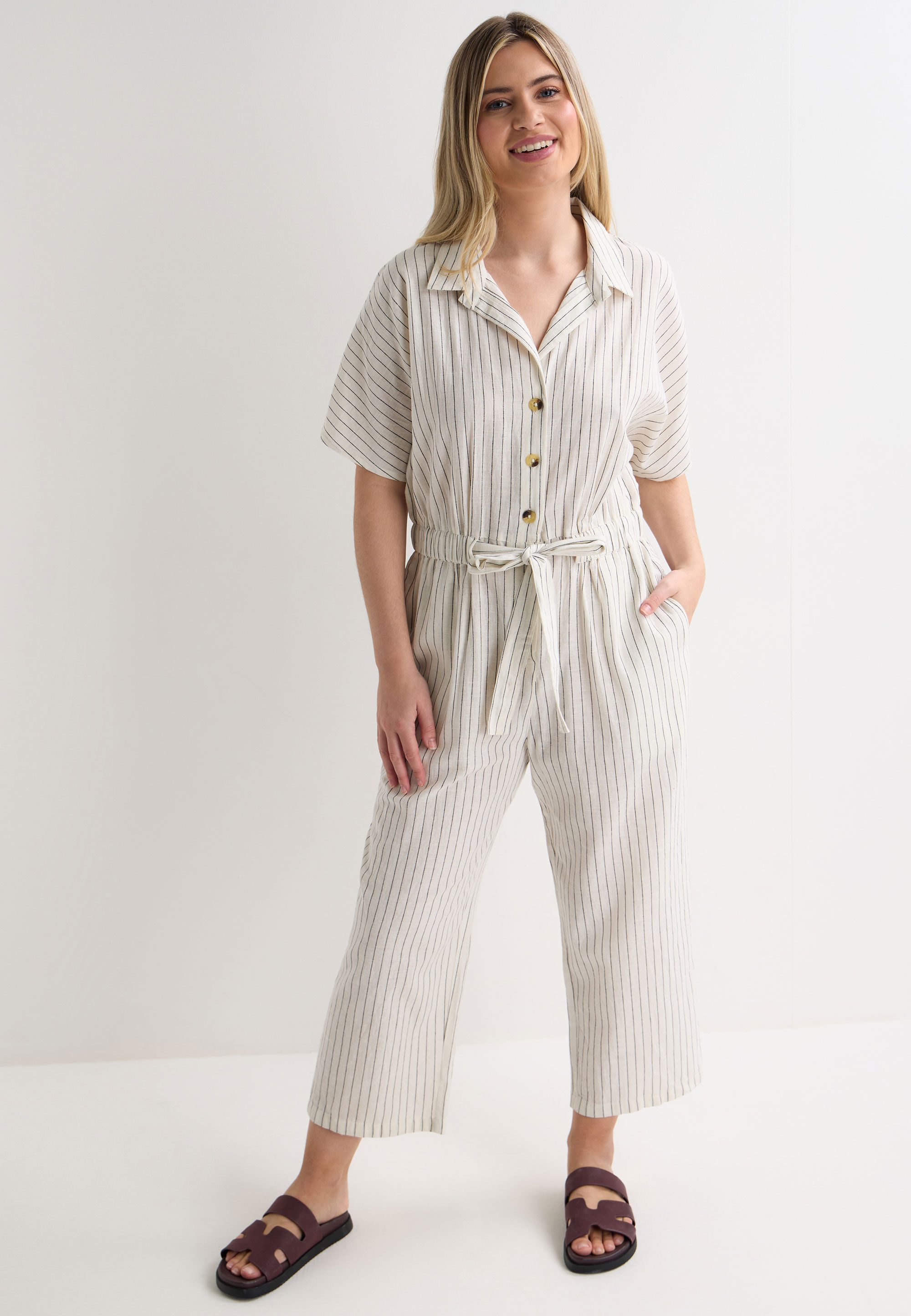 Womens White Stripe Linen Blend Utility Jumpsuit