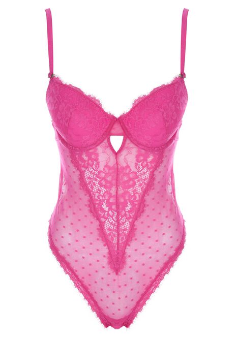 Womens Pink Lace & Spot Mesh Padded Body