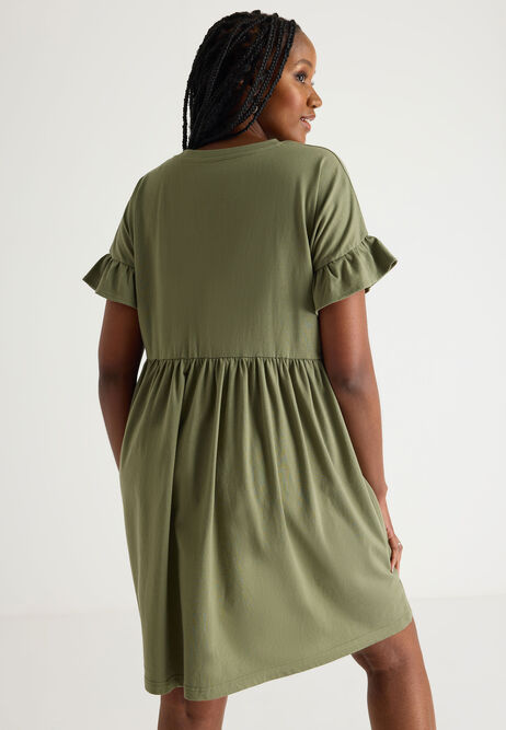 Womens Khaki Frill Sleeve T-shirt Dress