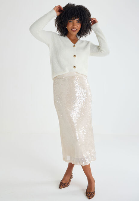 Womens Cream Sequin Midi Skirt