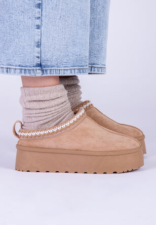 Womens Neutral Embroidered Platform  Slip-Ons