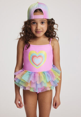 Younger Girls Rainbow Heart Glitter Tutu Swimsuit