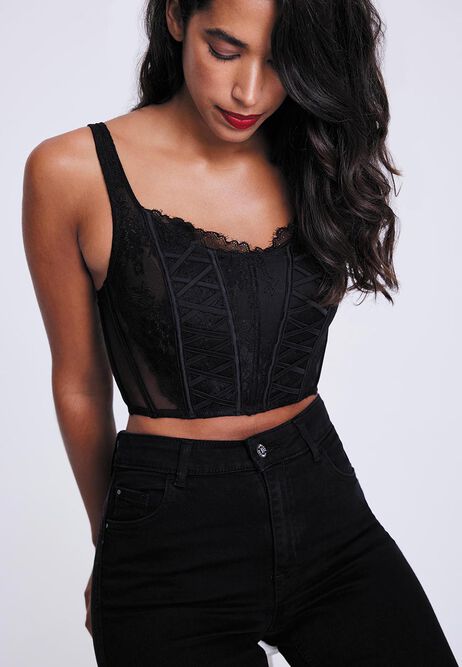 Womens Black Lace-Up Corset Top