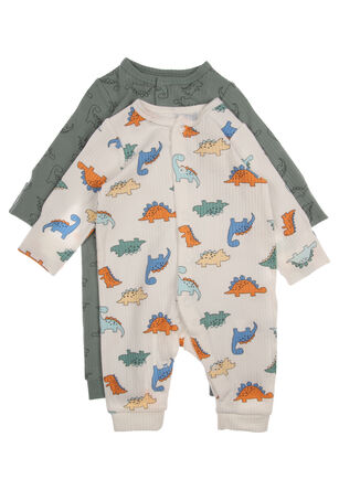 Baby Boys 2pk Cream & Green Dinosaur Sleepsuits