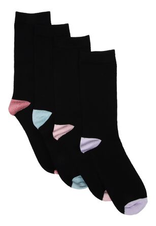 Womens 4pk Black Hell & Toe Colour Super Soft Socks