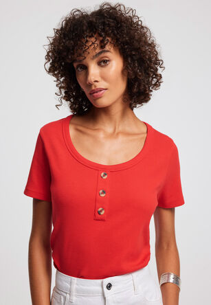 Womens Red Buttoned Scoop Neck Top