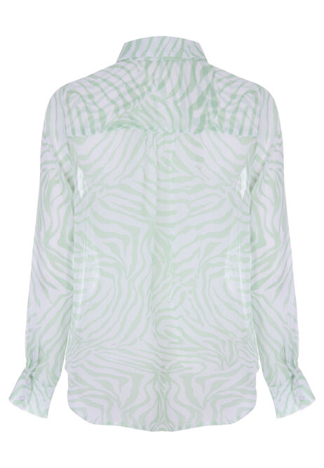 Womens Light Green Zebra Print Crinkle Long Sleeve Shirt