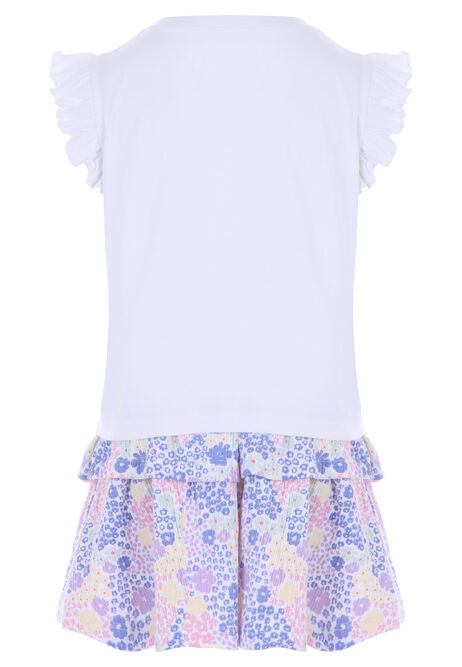Younger Girls White Floral Print T-Shirt & Skirt Set
