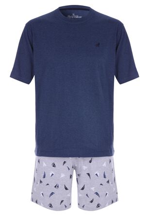 Mens Blue & Grey Boat Print Jersey Short Pyjama Set