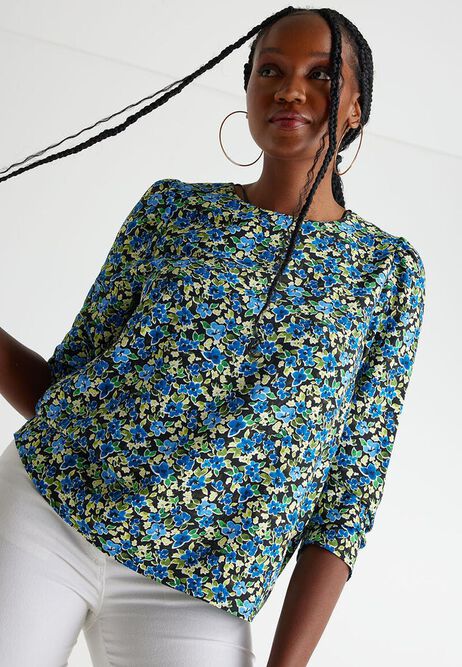Womens Blue Floral Print Shell Top