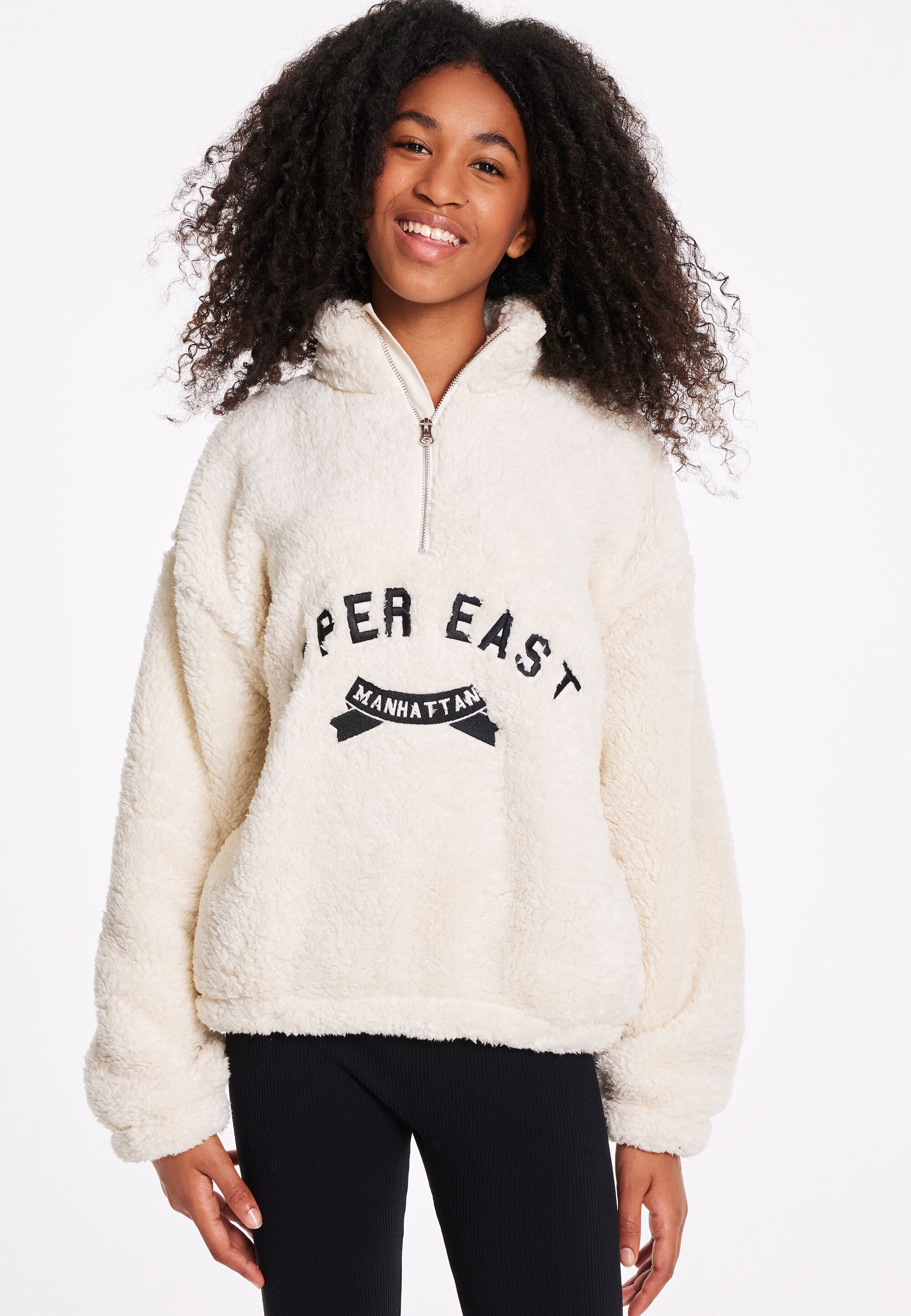Older Girls Cream Oversized Embroidered Fleece Sweatshirt Peacocks