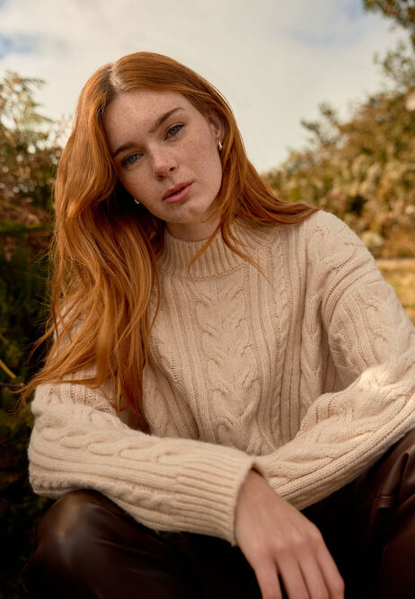 Womens Neutral Cable Knit Turtle Neck Knitted Jumper