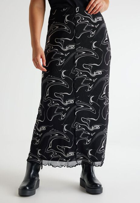 Womens Black & White Swirl Mesh Midi Skirt 