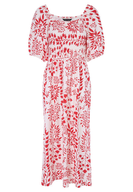 Womens Red and White Leaf Print Dress