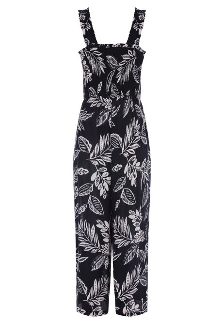 Womens Black & White Leaf Print Shirred Jumpsuit