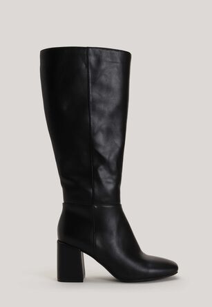 Womens Black PU Knee High Block Heel Boots