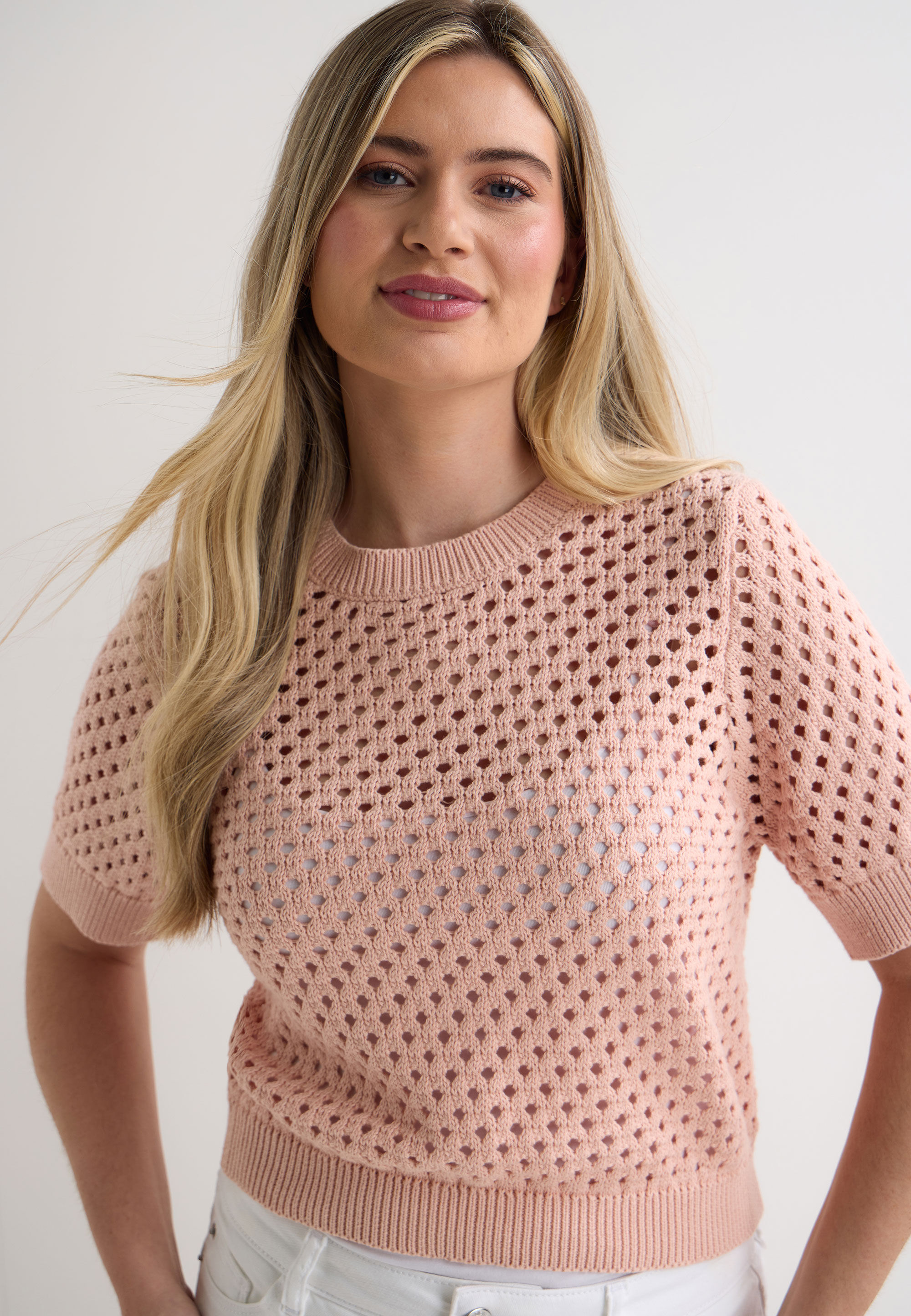 Womens Pink Open Stitch Short Sleeve Jumper
