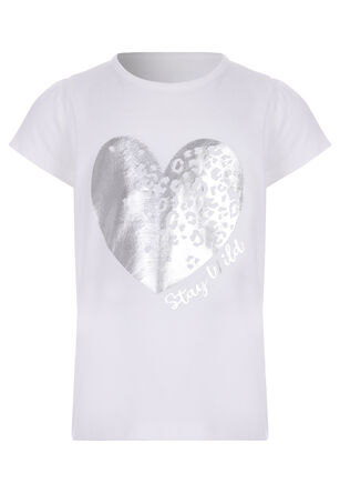 Younger Girls White & Silver Heart T-shirt