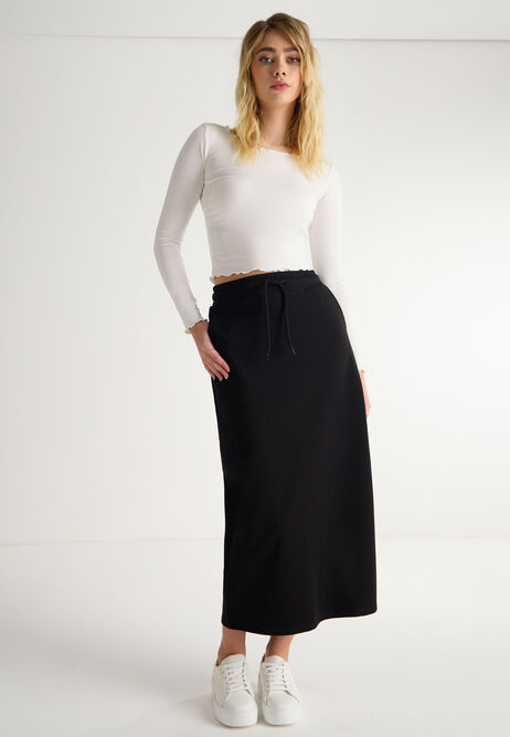 Womens Plain Black Casual Midi Skirt
