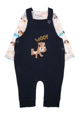 Baby Boys Blue  Dog Print Dungaree and Bodysuit Set