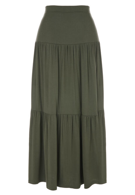 Womens Khaki Plain Jersey Tiered Maxi Skirt