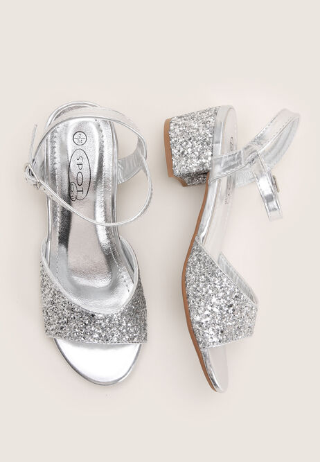 Girls Silver Glitter Block Heel Sandals