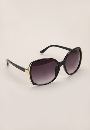 Womens Black & Gold Rectangular Sunglasses