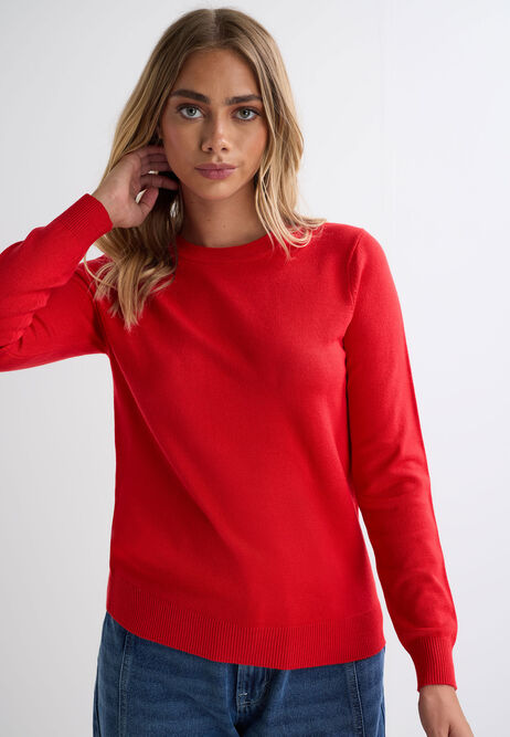 Womens Red Plain Crew Neck Jumper
